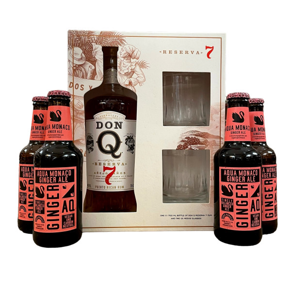 Don Q Reserva 7 Geschenkset mit 2 Gläsern + Aqua Monaco Ginger Ale